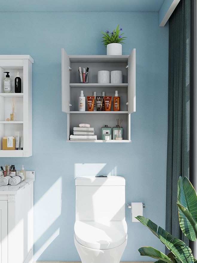 Bathroom Cabinet Wall Mount Buffering Hinge,23"x29" inch Over Toilet Storage Cabinet and Adjustable Shelves, Large Space Wooden Medicine Cabinet (Light Gray)