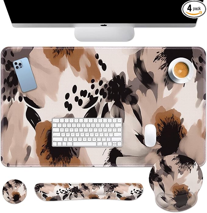 Britimes Brown Boho Tribal Flower Keyboard Mouse Pad Set 4in1 Large Mousepad+Keyboard Wrist Rest+Mouse Wrist Rest+Coaster Set with Ergonomic Design for Home Office Computer 35.4x15.7 inches