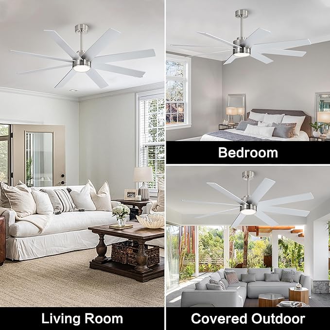WINGBO 60" Large DC Ceiling Fans with Lights and Remote, 3 Downrods, 8 Plywood Blades, 6-Speeds Reversible DC Motor, 3CCT, Indoor Ceiling Fan for Bedroom Living Room Patio, Brushed Nickel and Silver
