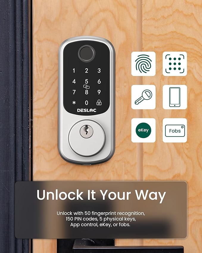 DESLOC Smart Door Lock B200, Smart Deadbolt Lock, Keyless Entry Door Lock, Fingerprint Smart Lock, Smart Locks for Front Door, App Control, Touchscreen Keypad Deadbolts,12-Month Battery, BHMA Grade3