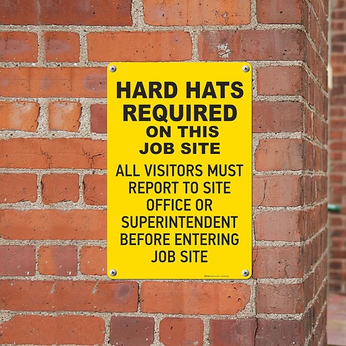 Brimar - 12" x 18" - Hard Hats Required on Job Site Sign - .063″ White Rust-Free Aluminum - High Visibility - Easy Installation