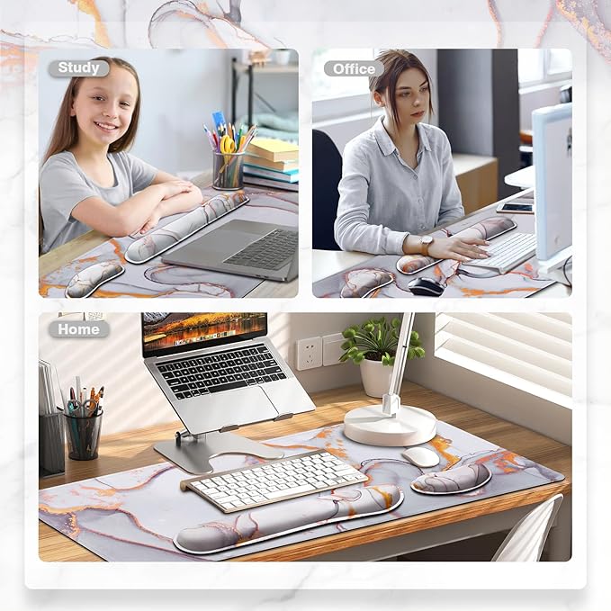 Gimars 4 in 1 Mouse Pad and Keyboard Wrist Rest Set, Large Mouse Pad with Memory Foam Wrist Support Pad for Desk with Coaster, Easy Typing Pain Relief, Gaming Office Home, 31.5x12 inch, Cloud Golden