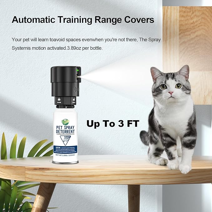 Cat Spray Deterrent System [2 Pack] Automatic Cat Deterrent Spray, Motion Activated System for Cats & Dogs Odorless Pet Deterrent, Senses Pets Up to 3 Feet Away, Friendly & Safe Pet Deterrent Spray
