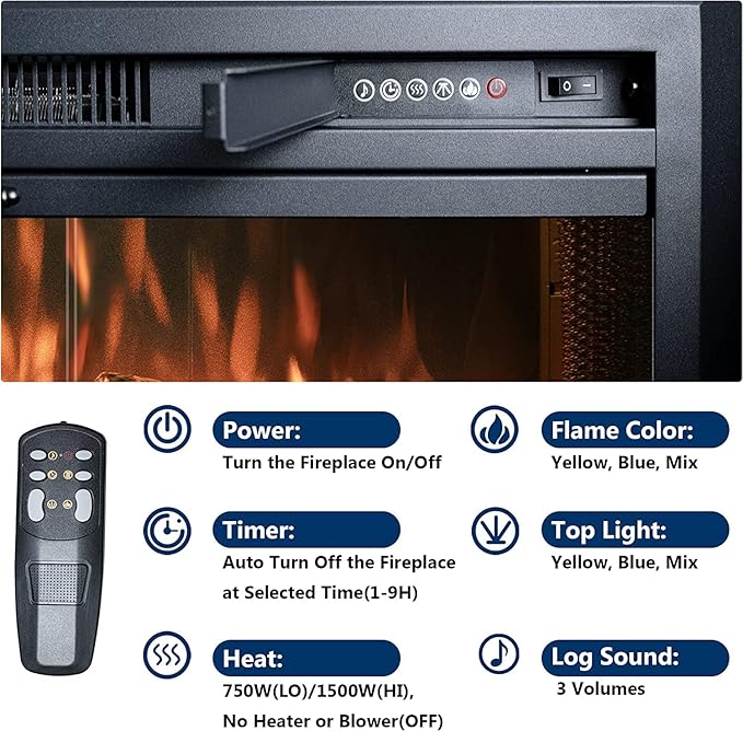 29 Inches Electric Fireplace Insert, 750W/1500W Fireplace Heater with Adjustable Flame and Top Light Colors, Fire Crackling Sound, Remote Control, Timer, Glass Door & Mesh Screen, Black