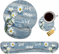 Keyboard Wrist Rest + Mouse Pad Wrist Support Set with Coasters, Dreamy Daisy Vintage Wood Board Live Laugh Love Design Non-Slip PU Base Ergonomic Mousepad for Home Office Working Studying