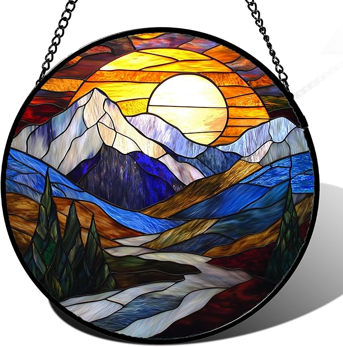 AMDERVEN Stained Glass Window Hanging, Yellow Blue Sunset Mountains Scenery Sun Catcher for Window Home Decor Landscape Suncatcher Mother's Day Birthday Gifts for Women Men Mom and Nana 11.8 in