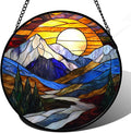 AMDERVEN Stained Glass Window Hanging, Yellow Blue Sunset Mountains Scenery Sun Catcher for Window Home Decor Landscape Suncatcher Mother's Day Birthday Gifts for Women Men Mom and Nana 11.8 in