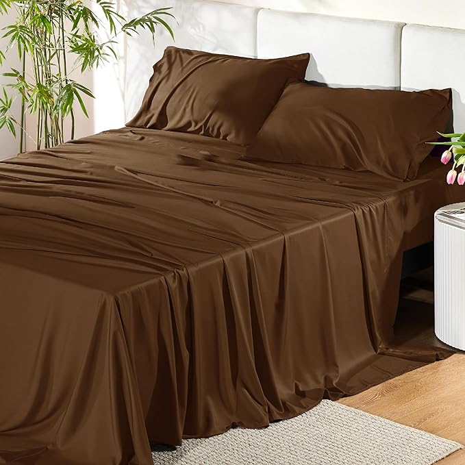 Bedsure King Size Sheets Set, Cooling Sheets for Hot Sleepers, Rayon Derived from Bamboo, Breathable & Soft, Deep Pocket Up to 16 Inches, Hotel Luxury Silky Bedding, Brown