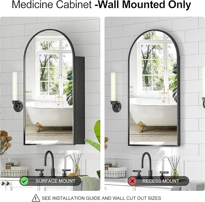 Arched Medicine Cabinet with Mirror, Brushed Black Wall Mounted Bathroom Mirror Cabinet, 3 Adjustable Shelves Storage, Reversible Door Opens Left to Right, Modern Metal Frame, 16 x 30 Inch