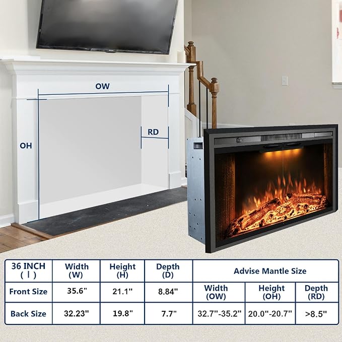 36 Inches Electric Fireplace Insert, 750W/1500W Fireplace Heater with Adjustable Flame and Top Light Colors, Fire Crackling Sound, Remote Control, Timer, Glass Door & Mesh Screen, Black