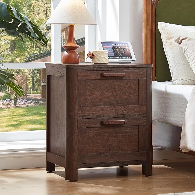 Joaxswe Farmhouse Nightstand Set of 2 with Charging Station, End Tables Bedroom with 2 Large Drawers & 4 Thickened Table Legs, Walnut
