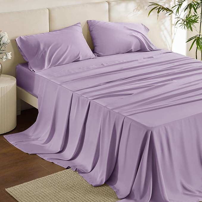 Bedsure Queen Sheet Set, Rayon Derived from Bamboo, Cooling Sheets, Breathable & Soft, Deep Pocket Up to 16 Inches, Hotel Luxury Silky Bedding for Hot Sleepers, Lilac