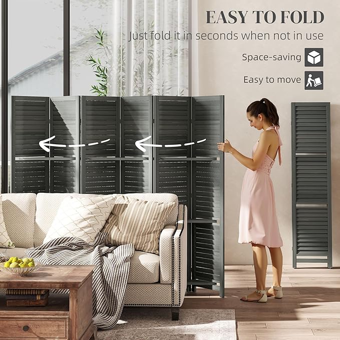 HOMCOM Room Divider, 6 Panel 67" Tall Wood Privacy Screen with 3 Display Shelves, and Folding Storage for Bedroom or Home Office, Gray