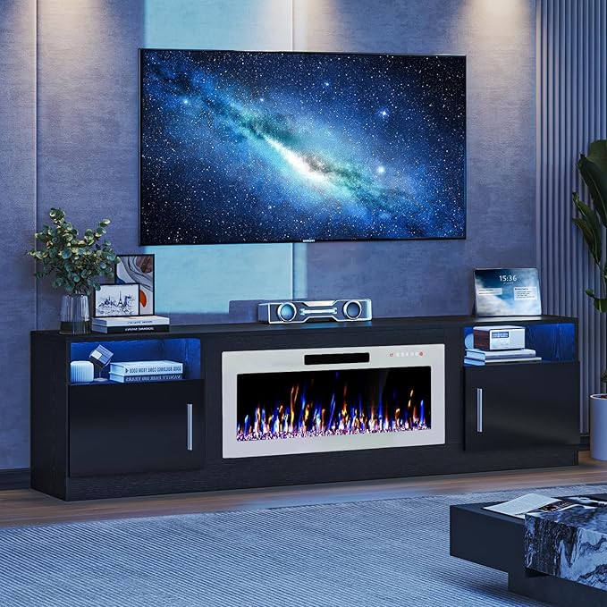 VITESSE TV Stand Fireplace with 36" inch Electric Fireplace Up to 90" TVs, LED Light Entertainment Center, 80" Modern Wood High Gloss with Highlight Storage Cabinet for Living Room (Black)