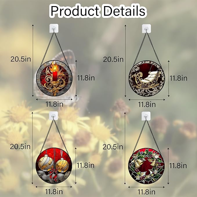 AMDERVEN Stained Glass Window Hanging 4 Pcs Set Christmas Golden Bell Sleigh Large 11.8" - Suncatcher Door Garden Sun Catcher Decor Birthday Mother's Day Xmas Gifts for Mom Woman Nana Men Parents