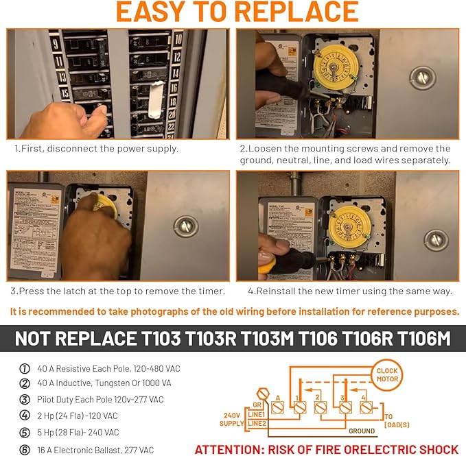 T104M Mechanical Timer Switch Mechanism Only, Heavy-Duty Timer Switch for Pool Pumps, 120V 40A DPST, 24-Hour 12 ON/Off Cycles - for Lights, Water Heaters, Fans, HVAC Systems