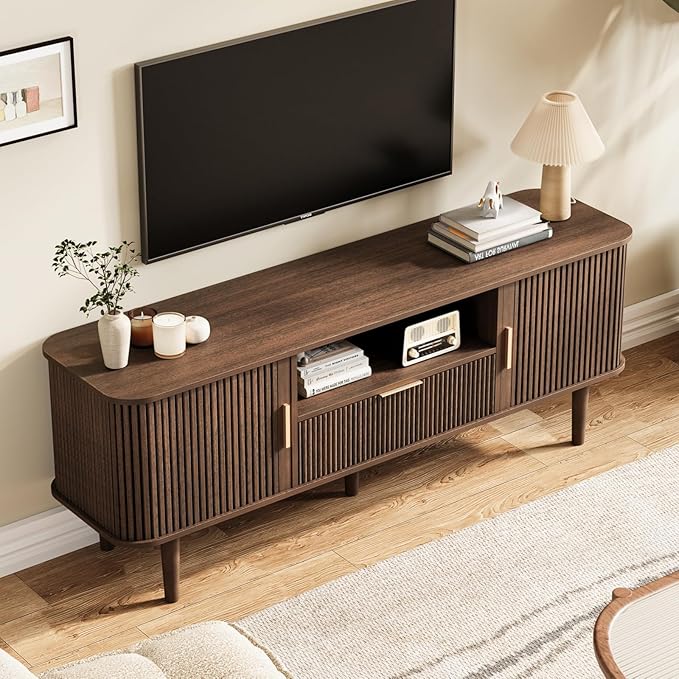 DAMCROP Fluted TV Stand, 55 Inch Mid Century Modern Media Console Table with Sliding Tambour Door Farmhouse Sideboard Buffet Cabinet Fits TVs up to 75 inch, Wood Entertainment Center for Living Room