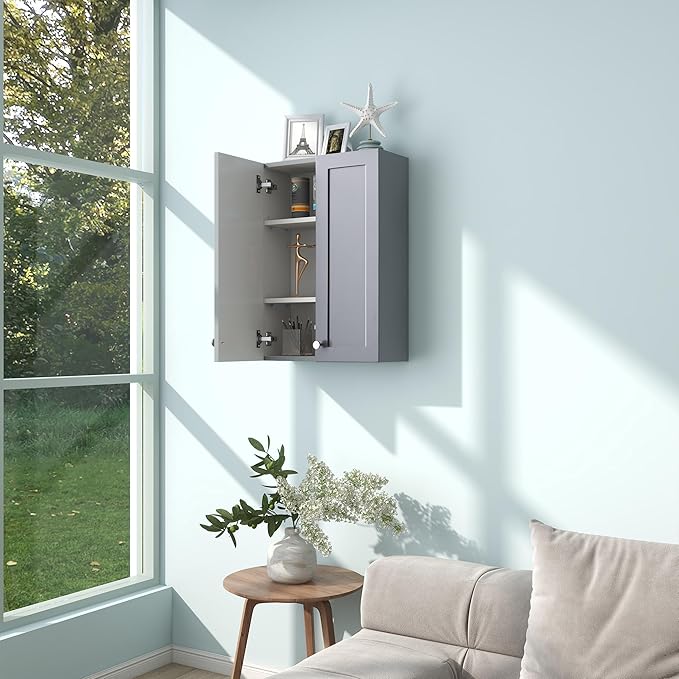 Bathroom Wall Cabinet, Over The Toilet Storage Cabinet, 19 x 27 inch Medicine Cabinet with Adjustable Shelves, Hanging Cabinet Grey for Bathroom, Living Room, Kitchen, Cupboard