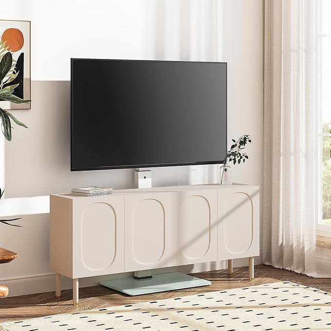 FITUEYES Floor TV Stand for 32-75 inch TV with Power Outlet, Tall TV Stand for Bedroom Living Room with Tempered Glass Base, Floor TV Mount Holds Up to 88lbs MAX VESA 600x400mm,Black