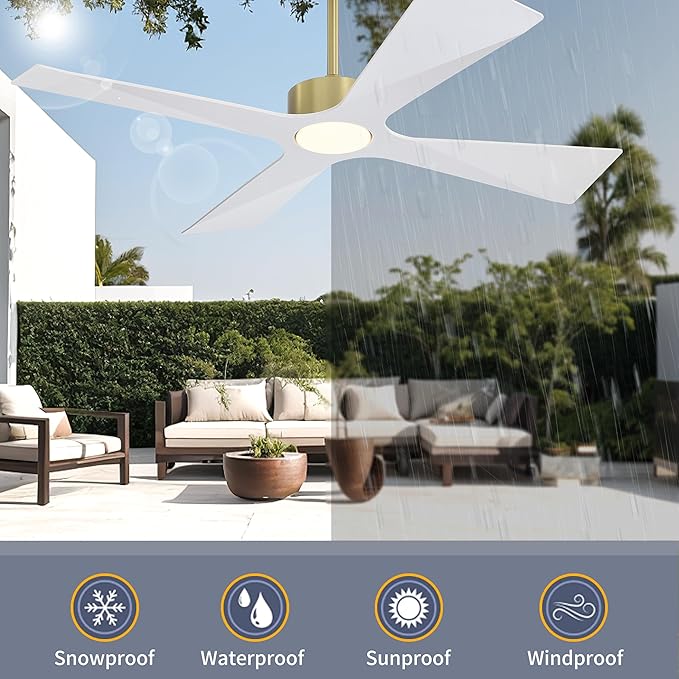 WINGBO 54" Wet Rated Outdoor Ceiling Fan with Lights, 4 ABS Plastic Blades, Reversible DC Motor, 6-Speed Remote Control, 3 CCT, Waterproof Ceiling Fan for Patio Porch Gazebo Garage, Brass and White
