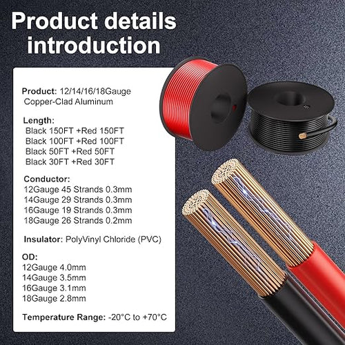 12 Gauge Electrical Wire 2 Pack Total 200 ft-Black 100 ft and Red 100 ft Soft Flexible Copper-Clad Aluminum(CCA) 12 AWG PVC Wire for Lamp, Household Appliances RC Toys, Models, Auto, Electronics