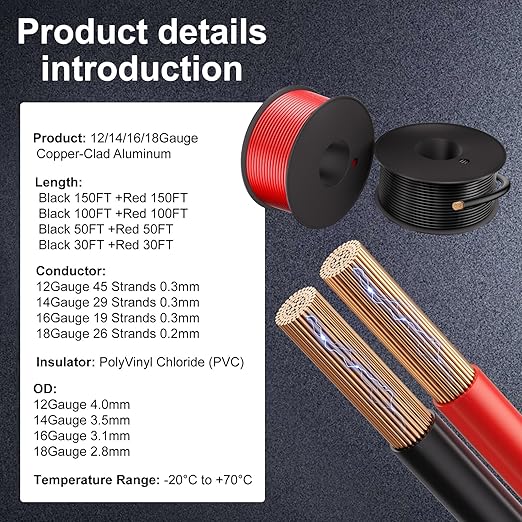 12 Gauge Electrical Wire 2 Pack Total 60ft-Black 30 ft and Red 30 ft Soft Flexible Copper-Clad Aluminum(CCA) 12 AWG PVC Wire for Lamp, Household Appliances RC Toys, Models, Auto, Electronics
