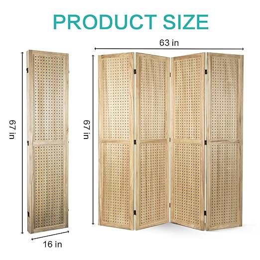 Babion 4 Panel Pegboard Display, Peg Board Room Divider Freestanding Folding Privacy Screens Display Stand for Craft Shows (Natural)