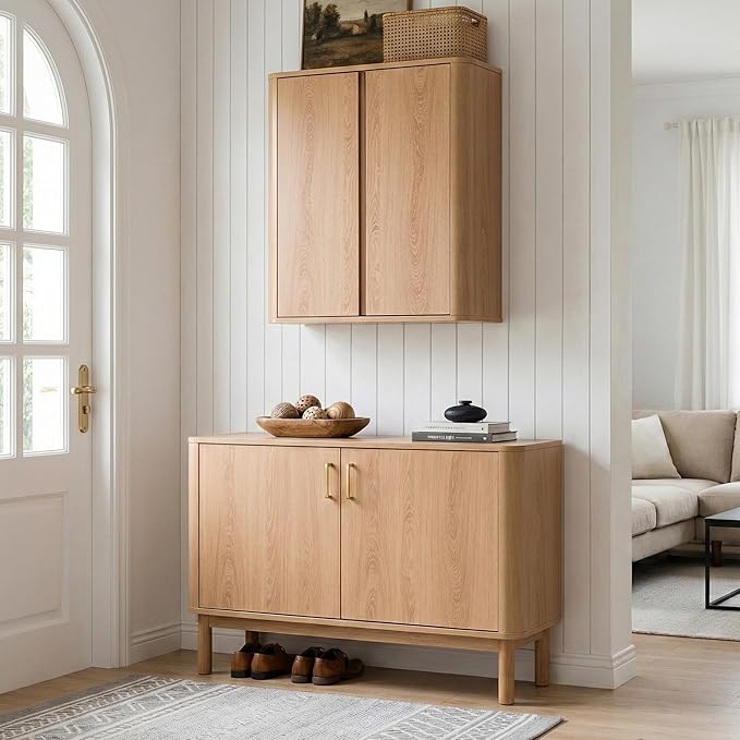 Wall Mounted Storage Cabinet, 2-Door Bathroom Medicine Cabinet with Adjustable Shelves, Modern Wood Hanging Organizer with Rounded Edges for Laundry Room, Kitchen