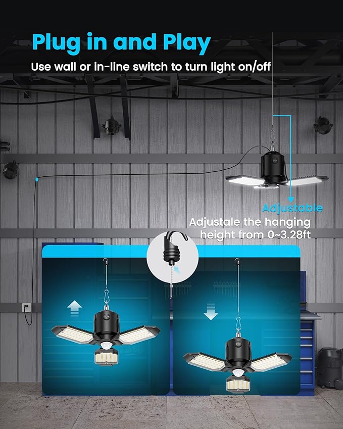 Kryoza Motion Sensor Garage Light Plug-in 80W 8000LM, Motion Activated Led Shop Light with E26 Socket Adapter, 3 Modes Indoor Bulb for Basement/Workshop 1Pack