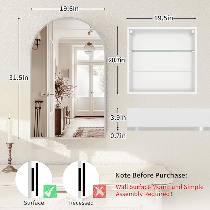 Bathroom Medicine Cabinet with Mirror Silver,Arched Wall Mounted Bathroom Cabinet with Mirror,Vanity Mirror with Storage,Mirrored Cabinet with Adjustable Shelves,Not Recessed,20x32 Inch