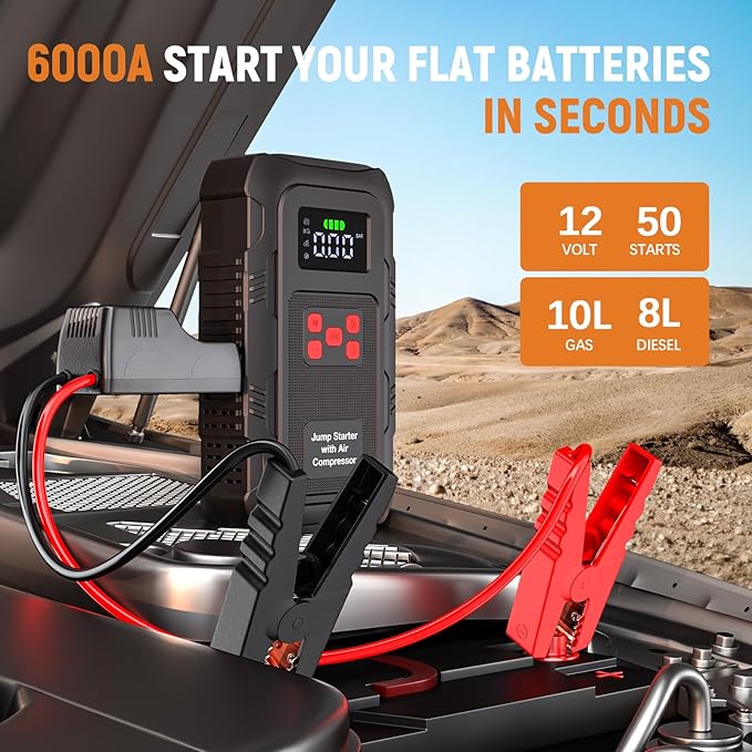 HPBS 6000A Jump Starter with Air Compressor, Portable Car Battery Jump Starter with 150 PSI Tire Inflator for Up to 10.0L Gas and 8.0L Diesel Engines, 12V Jump Box with LCD Display