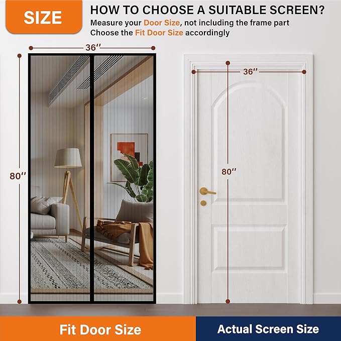 Magnetic Screen Door,Hook&Loop Pet Screen Door Fit Door Size 34" x 80" Heavy Duty Door Screen Magnetic Keep Bugs Out