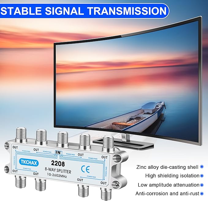 TKCHAX 8 Way Coaxial Cable Splitter,Support 10-2602MHz, RG6 Compatible, Nickel-Plated for Cable Splitter,Work with CATV, Satellite TV,Antenna System and MoCA Configurations