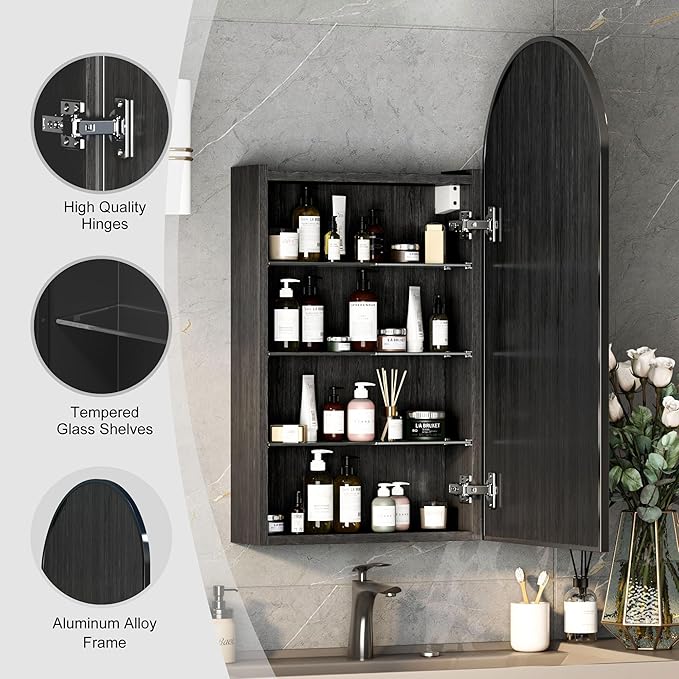 Black Arched Medicine Cabinets with Mirror,Bathroom Mirror Cabinet with Storage,Brushed Black Arch Medicine Cabinet Surface Mount Only,Right Hinges,16 x32 Inch