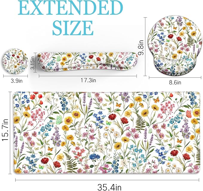 LIMKRIAN Floral Mouse Pad Set Large Desk Mat for Desktop, Ergonomic Mouse Pad with Gel Wrist Rest for Gaming, Computer Keyboard Mat Wrist Support Cup Coaster Set, Women Office Desk Accessories Decor