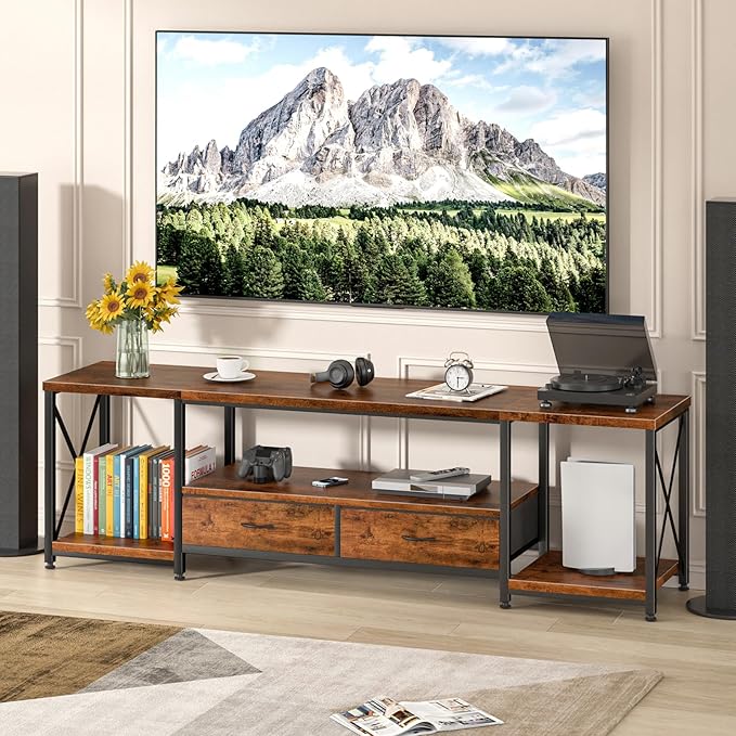 GYIIYUO TV Stand with Fabric Drawers - Entertainment Center and Industrial Console Table with Open Storage Shelves for Living Room, Bedroom - 71.5" Rustic Brown