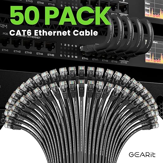 GEARit Cat 6 Ethernet Cable Pack - 50-Pack 2 ft Cat6 Ethernet Patch Cables | RJ45 Network Patch Cable, 10 Gbps Snagless Gold-Plated Connectors - Ethernet Cable Cat 6 for PC, TV, Router - Black