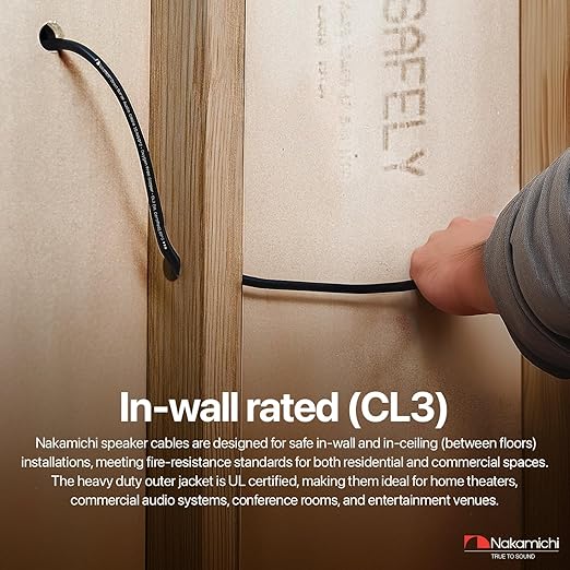 Nakamichi 16/2 (100-Foot) in-Wall & Direct Burial (UL CL2 CL3 Rated) Oxygen-Free Copper (OFC) 2-Conductor Speaker Cable Wire, Outdoor In-Ground, in-Ceiling, Riser, Black (16AWG / 100ft / 30.48m)