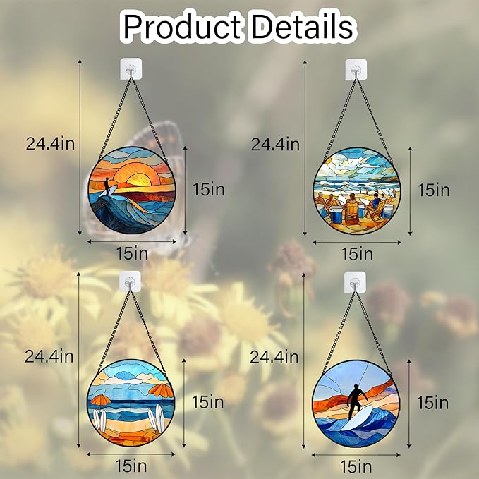 AMDERVEN Stained Glass Window Hanging 4 Pcs Set Blue Ocean Surfing Beach Large 15" - Suncatcher Door Garden Sun Catcher Decor Birthday Mother's Day for Firefighte Men Woman Nana Mom