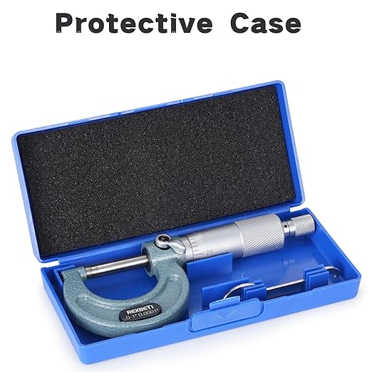 REXBETI Outside Micrometer, Ultra-Precision Carbide Tipped Measuring Tool Set, Ratchet Stop, 0-1" Range, 0.001" Graduation, +/-0.0001" Accuracy, Protective Case