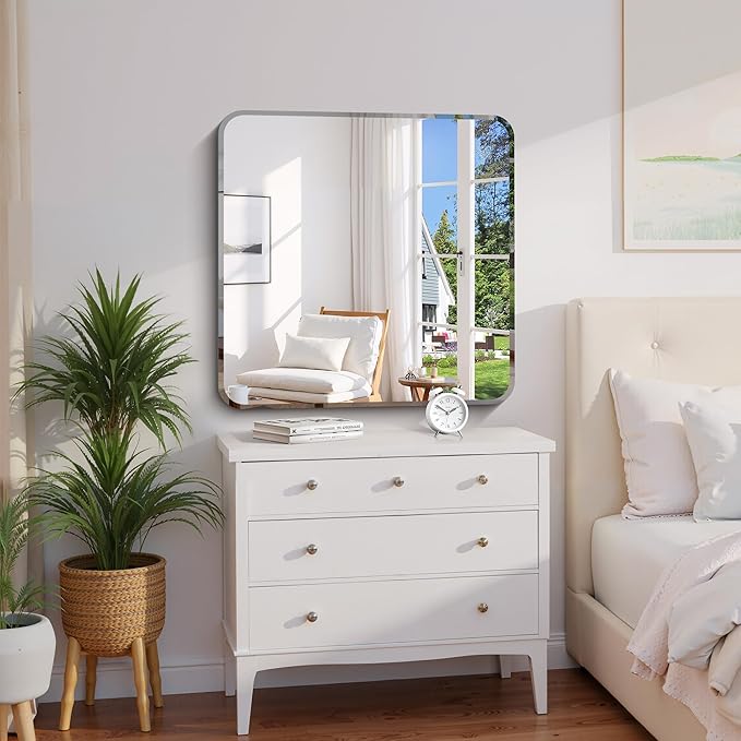 CILIBER Beveled Mirror 30"x30", Square Frameless Bathroom Mirror Rounded Corner, Framless Vanity Mirror Shatterproof Tempered Glass Lightweight Design for Bedroom Living Room Entryway