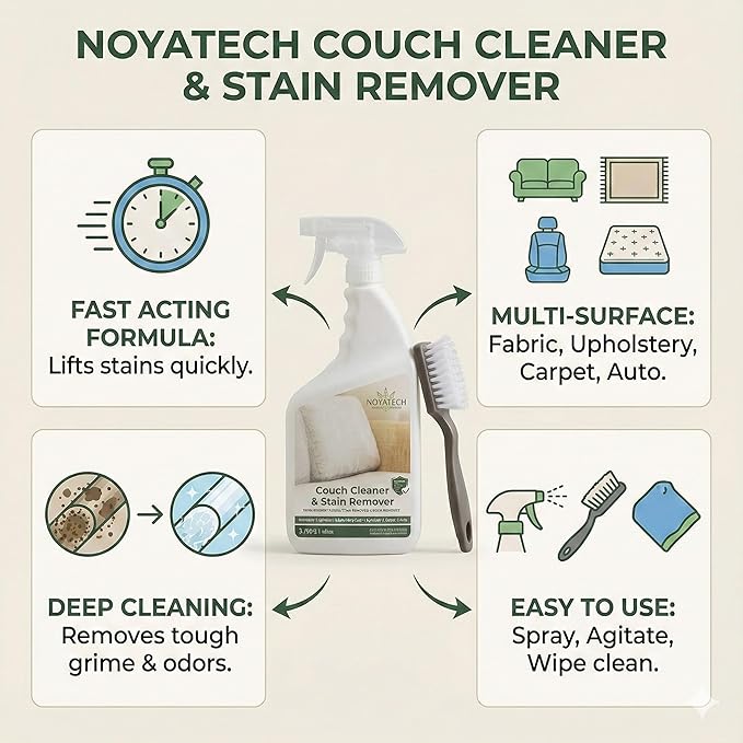 NOYATECH Couch Cleaner and Stain Remover Spray – Professional Strength, Multi-Surface Fabric and Upholstery Cleaner – Pet-Safe, Non-Toxic, Quick-Drying for Couches, Sofas & Car Interiors
