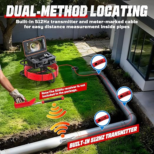 HBUDS Sewer Camera with 512Hz Sonde, Self Leveling 165ft Drain Camera with Meter Counter, 7mm Cable, 9" HD Screen 1080P Plumbing Cameras Snake with Light, 5100mAh Battery Pipe Inspection DVR 32GB