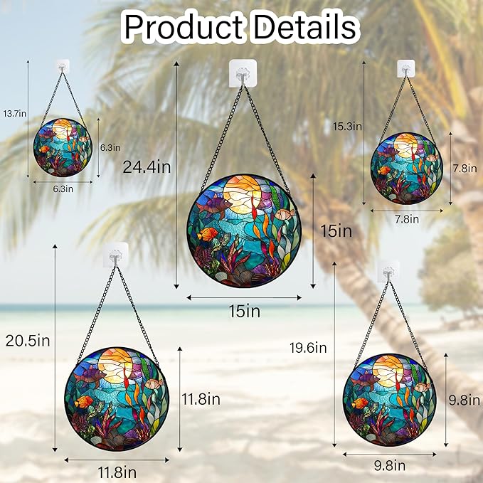 AMDERVEN Stained Glass Window Hanging - Blue Ocean World Small Fish Coral Sun Catcher for Door Garden Home Decor Sea Suncatcher Christmas Mother's Day Birthday Gifts for Women Men Mom Nana 6.3 in
