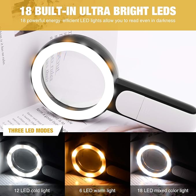 JMH Magnifying Glass with Light, Handheld Large Magnifying Glass 18LED Cold and - Image 5