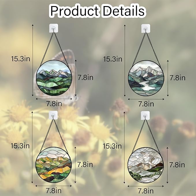 AMDERVEN Stained Glass Window Hanging 4 Pcs Set Mountain River Landscape 7.8" - Suncatcher Door Garden Sun Catcher Decor Birthday Mother's Day for Mom Woman Nana Girl Boy Friend