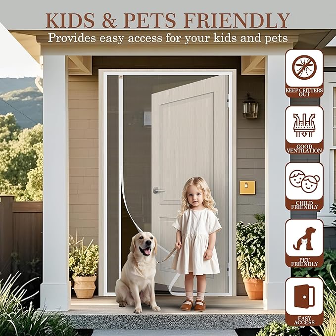 Yotache White Reversible Left Right Side Opening Screen Doors with Magnets Fits Door Size 34 x 80, Reinforced Sewing Magnetic Mesh, Actual Screen Size 36" x 81"