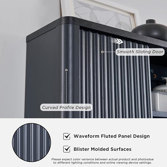 RedLemon Bathroom Wall Cabinet w/Fluted Sliding Door, Modern Medicine Cabinet w/Faux Marble Top & Adjustable Shelf, Curved Profile Wall Mounted Storage Organizer, Dark Grey