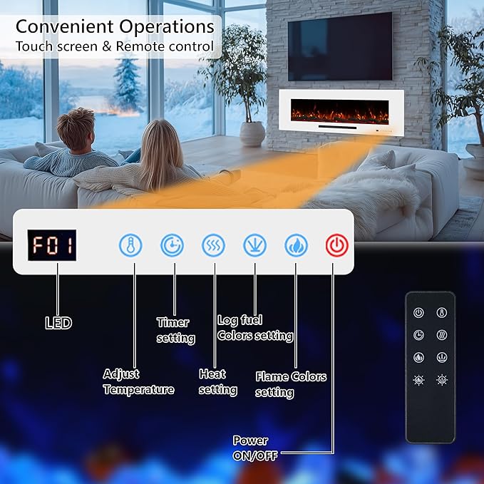 50" Electric Fireplace, Recessed & Wall Mounted Fireplace Heater 13 * 13 Colors Flame &Fuel Bed w/5 Dimmer, Touchscreen &Remote Control Temp, Overheating Protect, Hardwired, 1500W, White