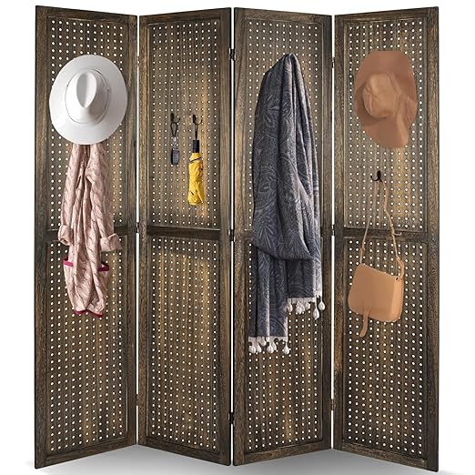 Babion 4 Panel Pegboard Display, Peg Board Room Divider Freestanding Folding Privacy Screens Pegboard Display Stand for Craft Shows (Brown)